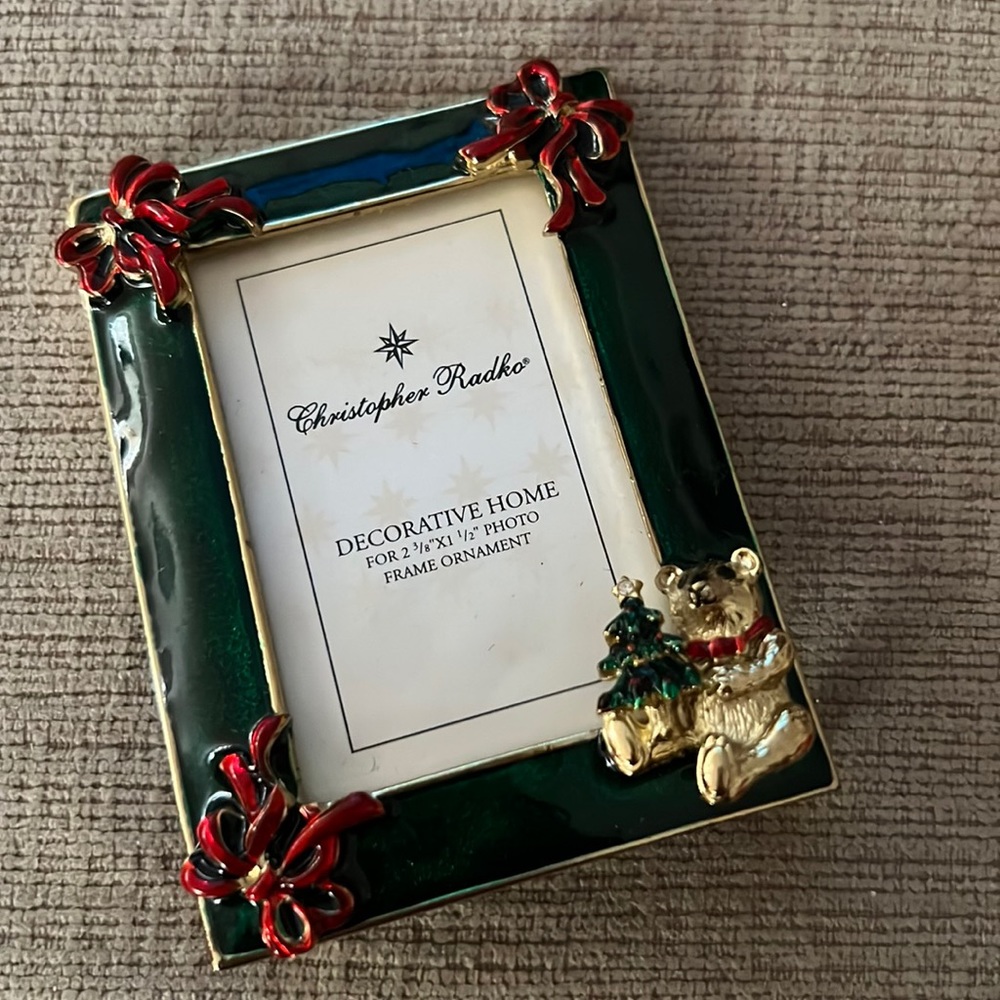 Christopher Radko 2”x3”Mini Holiday Frame Teddy Bear with Christmas Tree